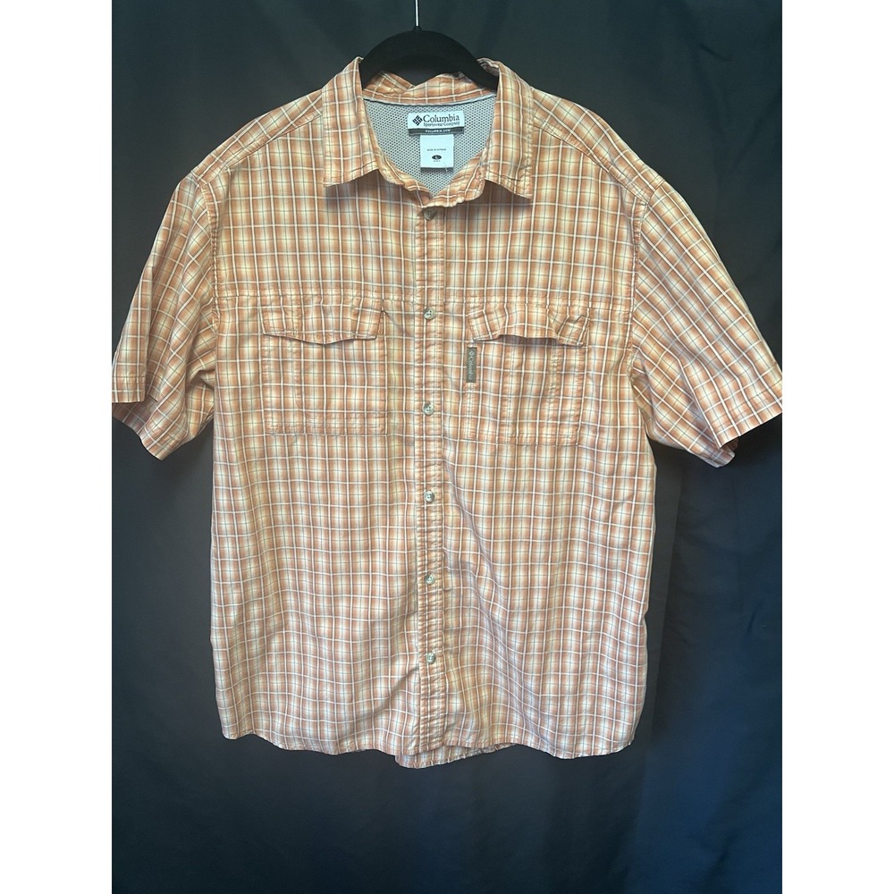 COLUMBIA PFG Omnishade Men's L Short Sleeve Plaid Vented Fishing Hiking Shirt